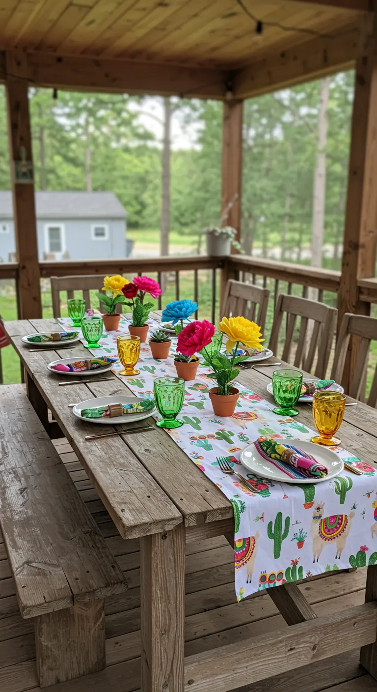 A rustic picnic table with a playful llama and cactus-themed runner and small floral centerpieces.