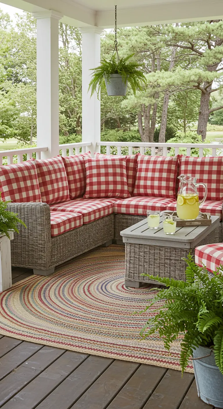 A grey rattan sectional with cheerful red and white gingham cushions on a porch.