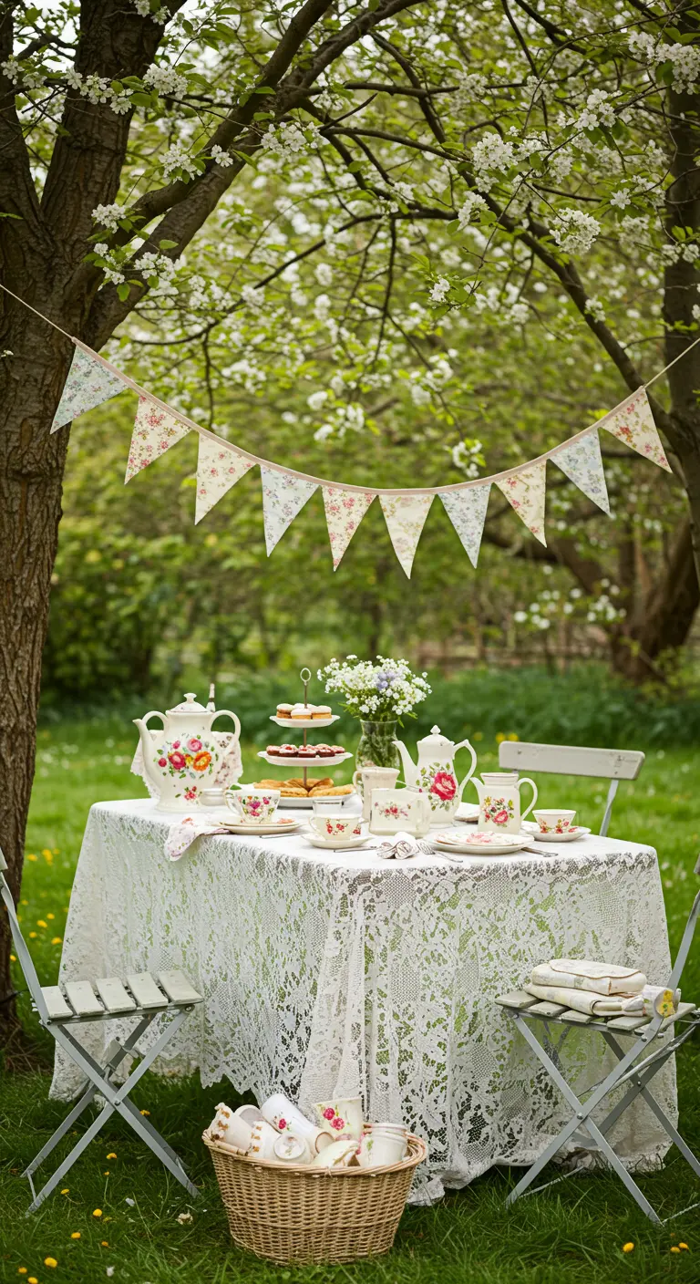 Floral fabric bunting over a lace-covered tea party table