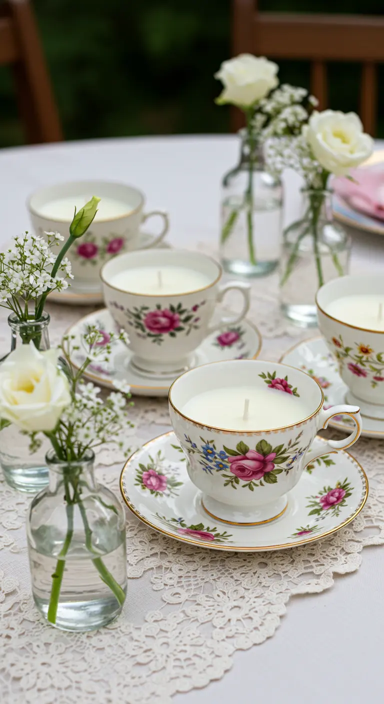 Vintage floral teacups filled with white wax to make charming, bespoke candles.
