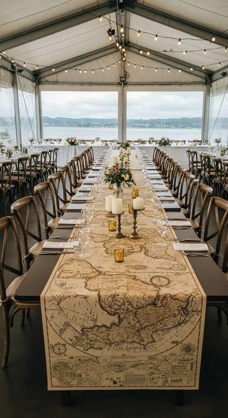 Long dining table set for a party with a vintage world map as a table runner.