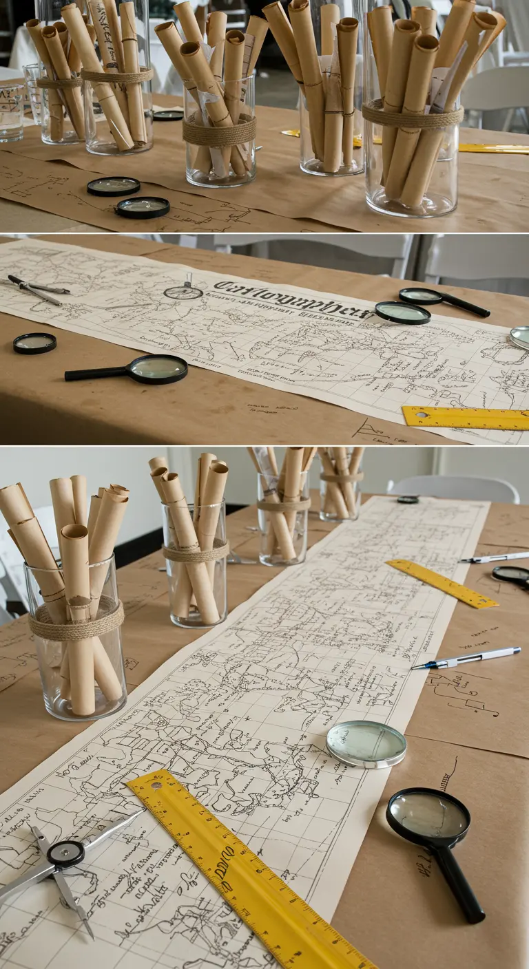 Dining table with a map as a runner and magnifying glasses as decor.