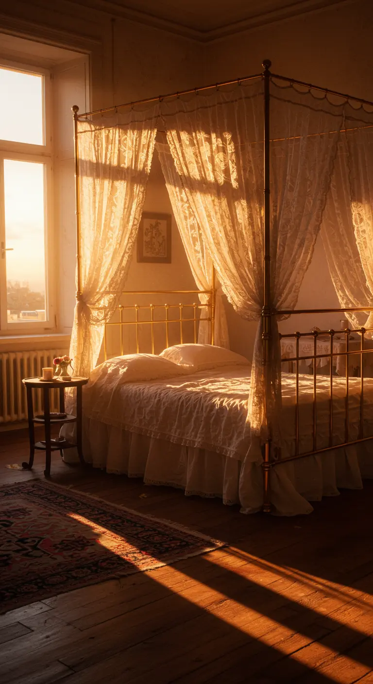 Late afternoon sun streams into a bedroom, illuminating a brass bed with a lace canopy.