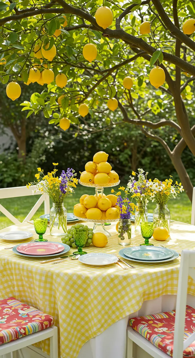 A table under a lemon tree with a yellow gingham tablecloth and a tiered stand of lemons.