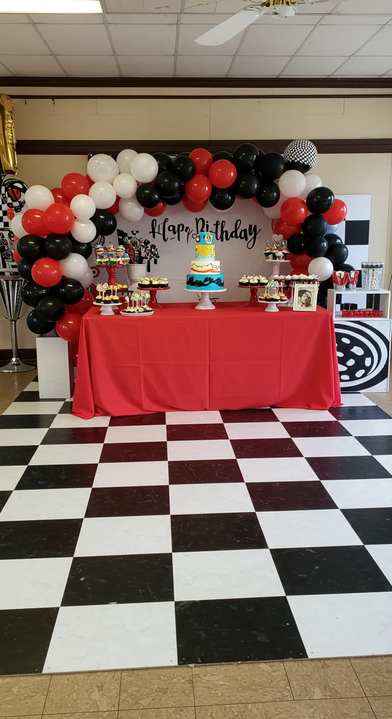 A racing-themed party with a checkered floor and a red, black, and white dessert table.