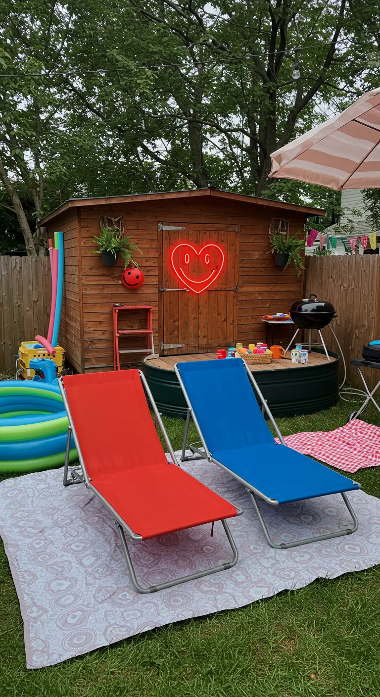 A fun backyard with red and blue loungers and a smiley-face neon heart on a shed.