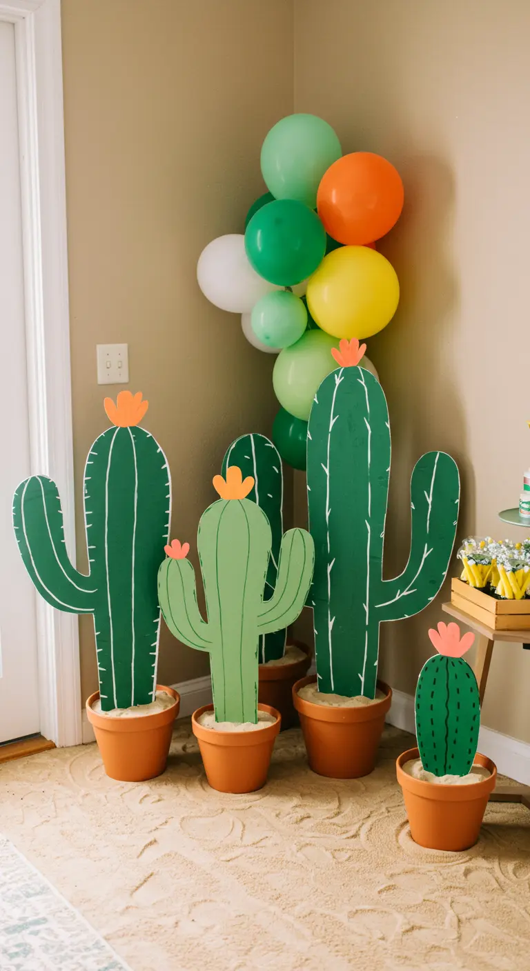 A group of painted cardboard cactus props in terracotta pots for a themed party.