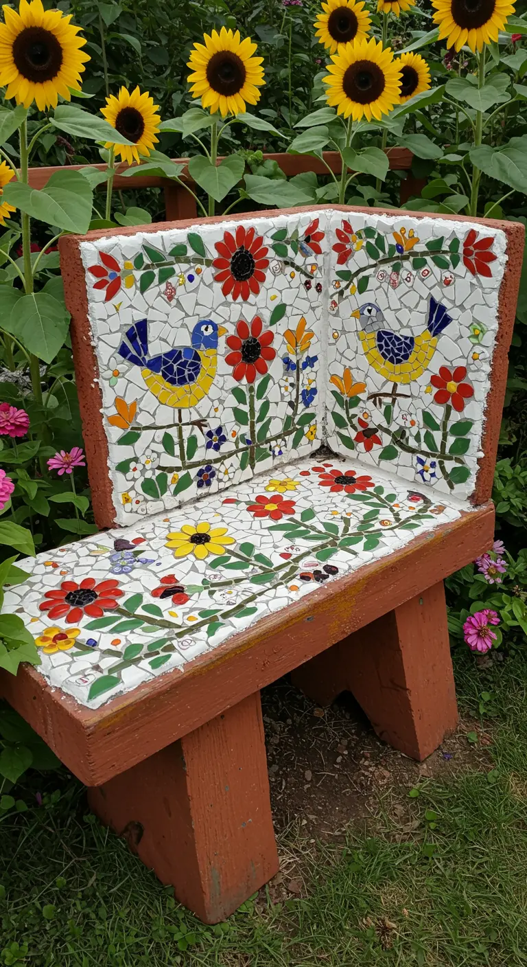 A corner bench with a colorful folk-art mosaic of yellow birds and red and yellow flowers.