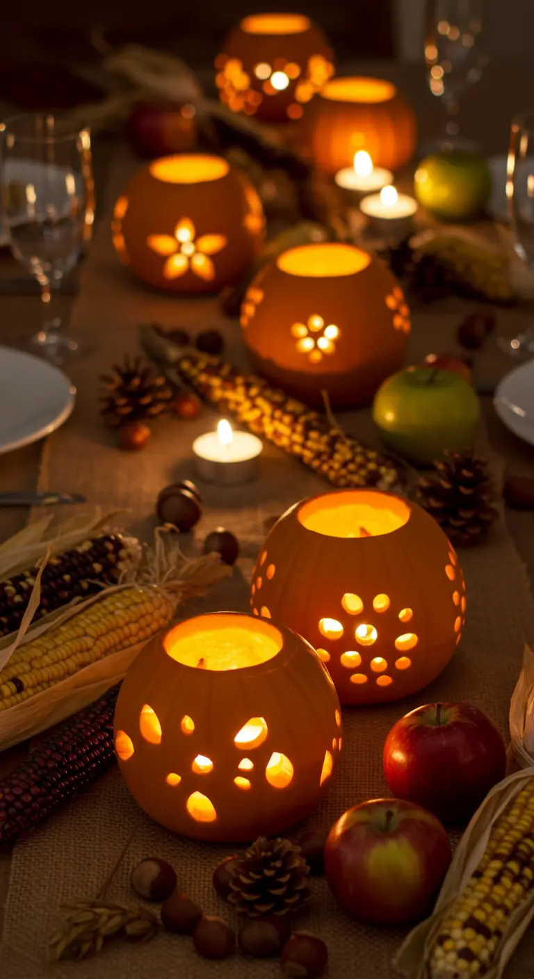 Mini pumpkins carved with circular holes to act as luminaries on a fall tablescape.