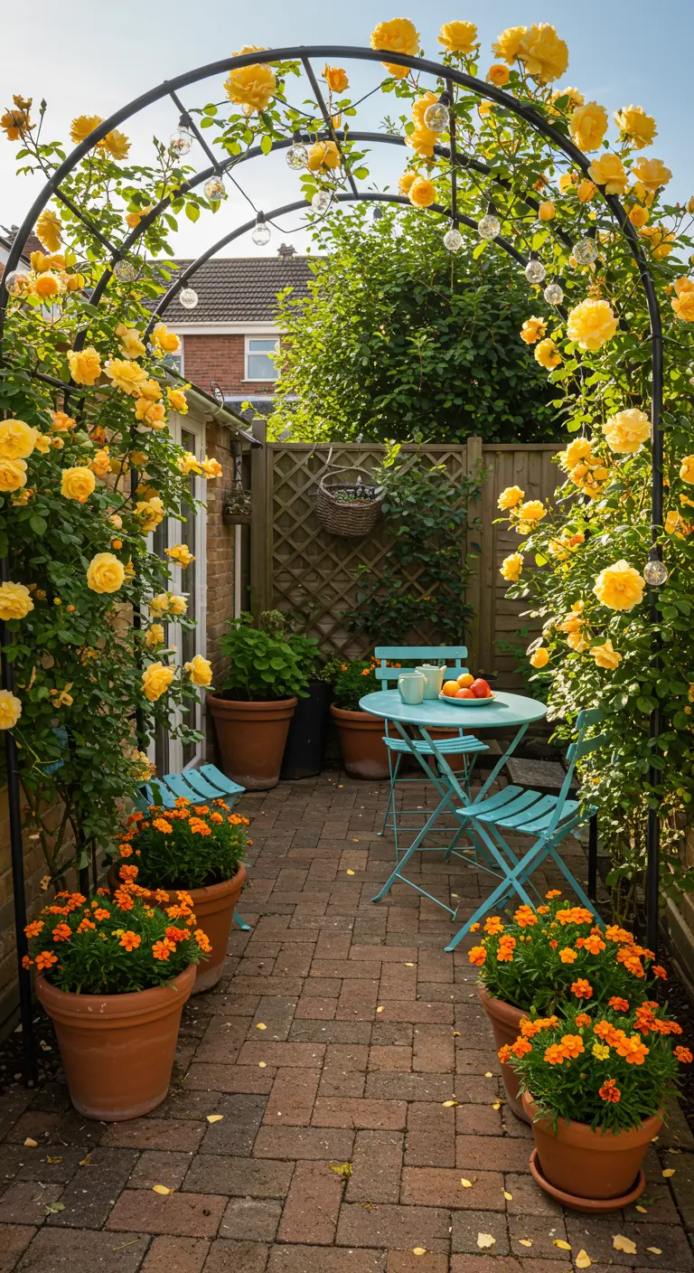Black metal arch with yellow climbing roses over a small brick patio with a bistro set.