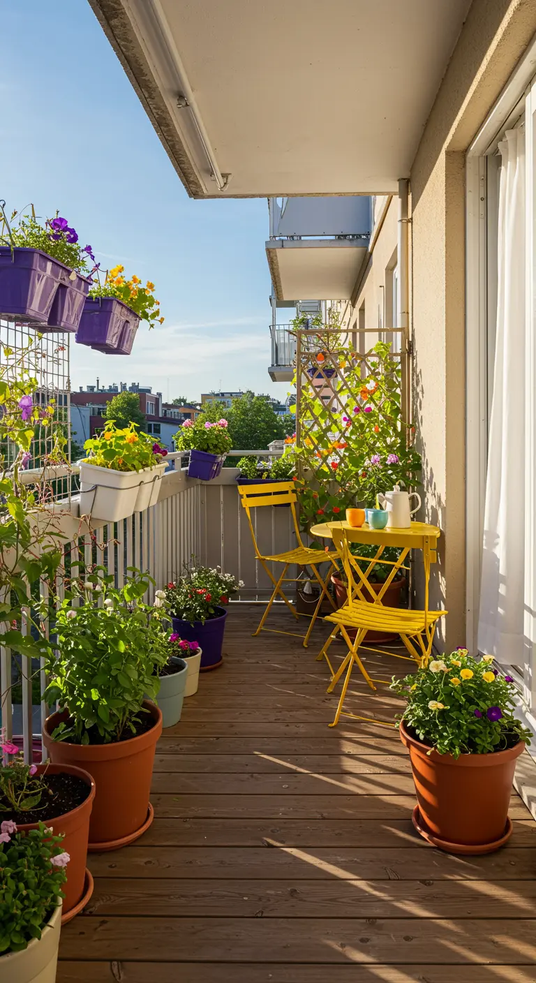 Colorful balcony with yellow bistro set, numerous potted flowers, and a grid trellis.