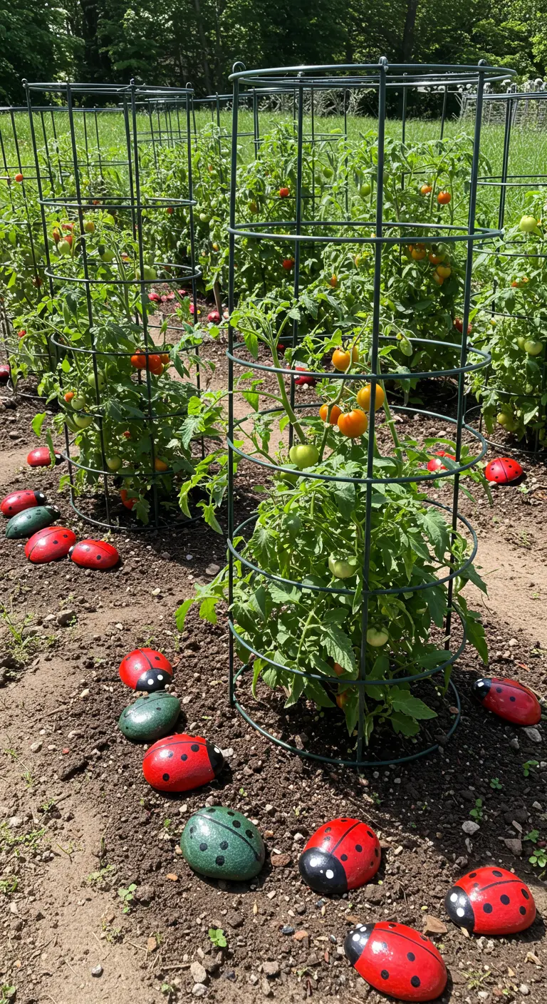 Red and green painted ladybug rocks encircling the base of caged tomato plants in a garden.