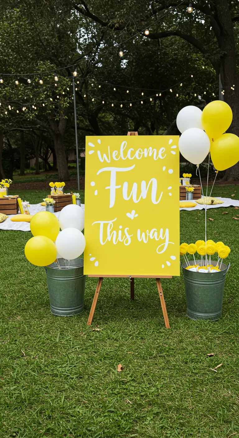 A bright yellow welcome sign on an easel in a grassy park, flanked by balloons.