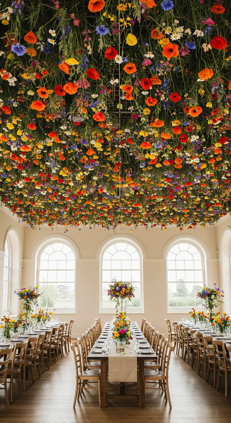 A colorful ceiling of wildflowers like red poppies and blue cornflowers in a bright, airy room.