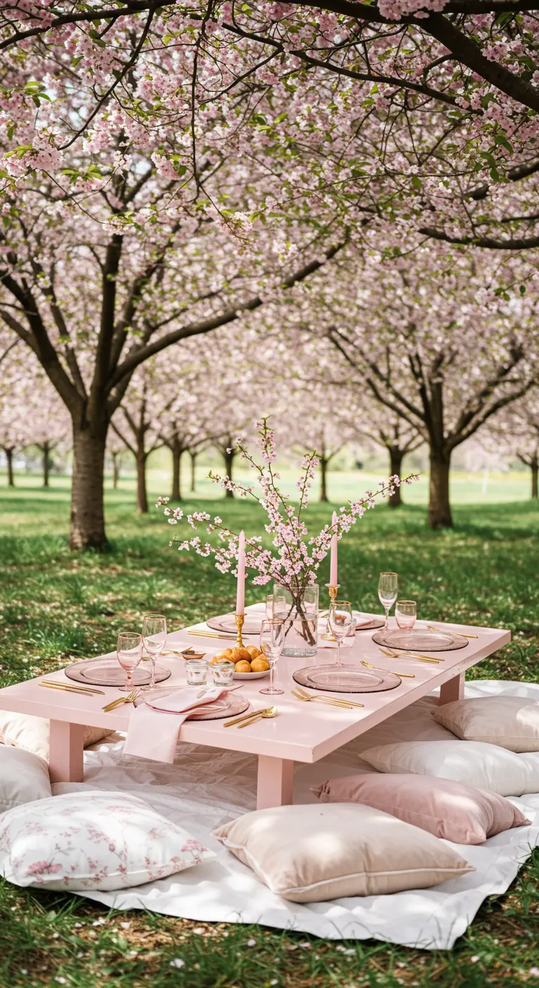 Picnic under blooming cherry blossom trees with a pink table and pink decor.
