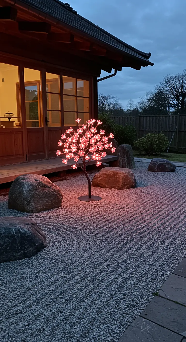 A solar-powered cherry blossom tree light glowing pink in a Japanese rock garden.
