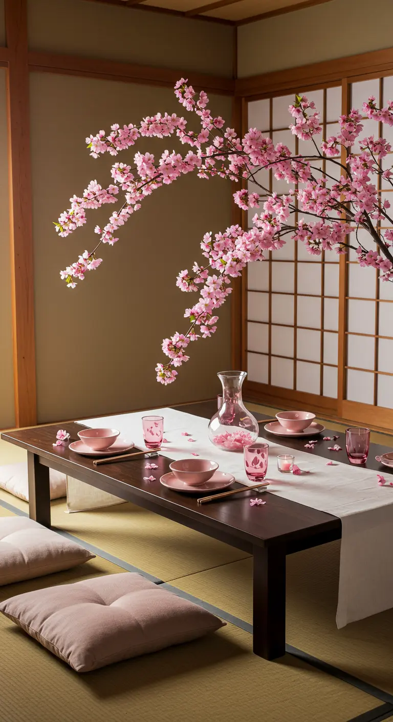 Japanese-style low table with a large cherry blossom centerpiece and floor cushions.
