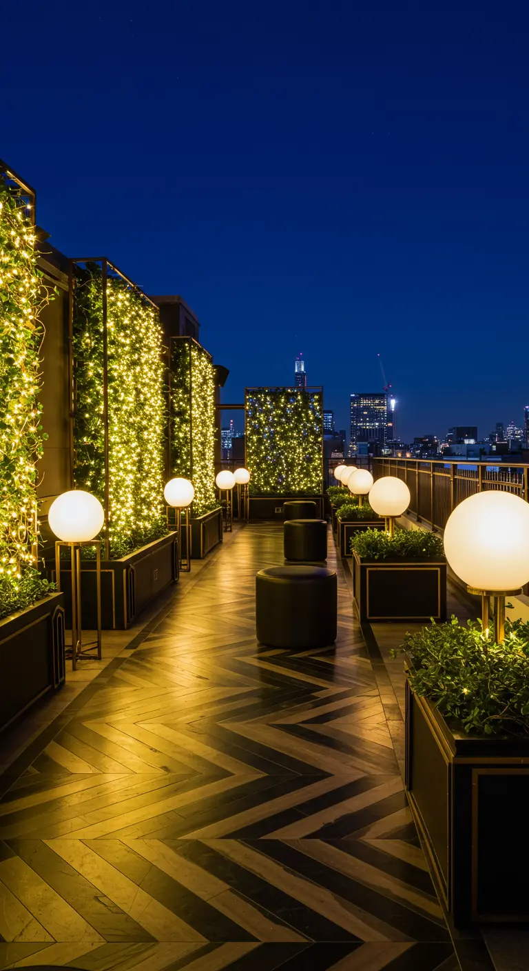 An elegant rooftop terrace with a herringbone wood floor, lined with planters and tall orb lights.