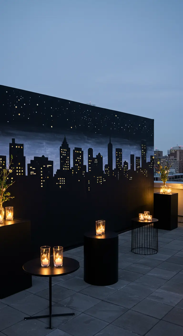 A hand-painted backdrop of a city skyline at night, used on a rooftop patio with candles.