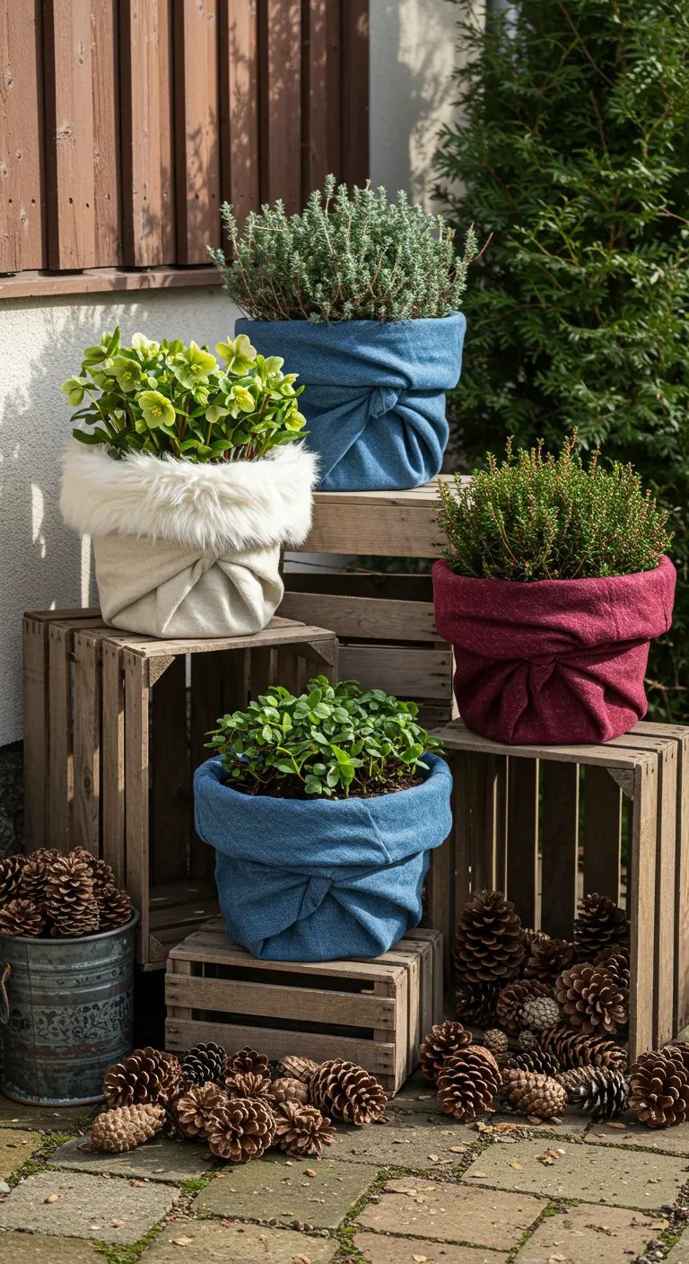 Stacked wooden crates with plants in colorful fabric and faux fur wrapped pots, surrounded by pinecones.