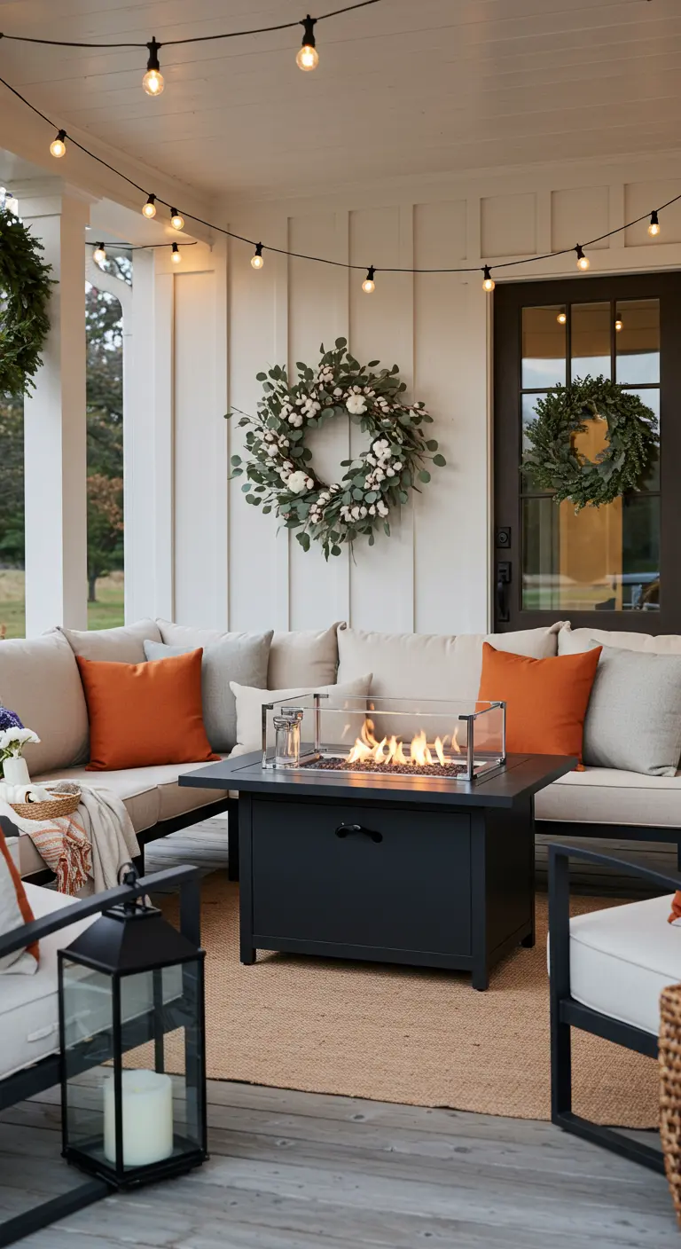 Modern farmhouse porch with a black fire table, sectional sofa, and eucalyptus wreath.