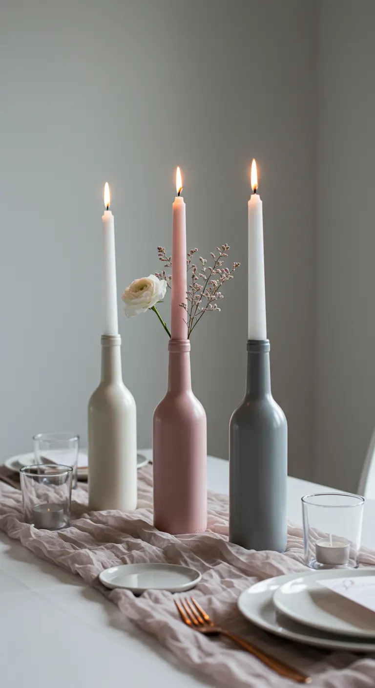 Wine bottles painted in matte white, pink, and grey, used as taper candle holders on a table.