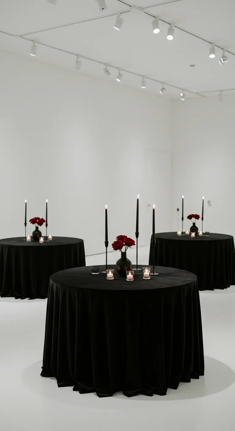 Minimalist black cocktail tables in a white room, each with a small vase of red roses.