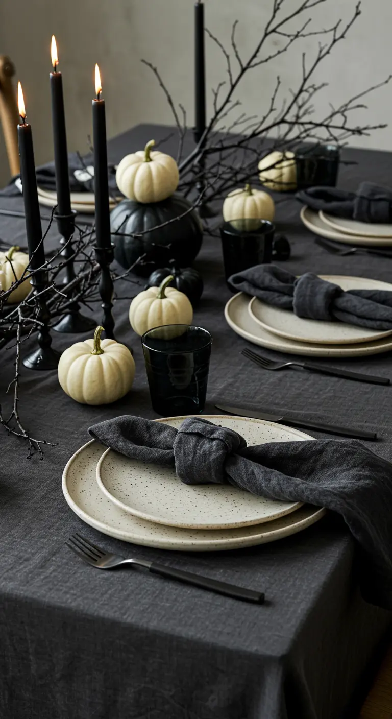 Moody black tablescape with black candles, branches, and white pumpkins.
