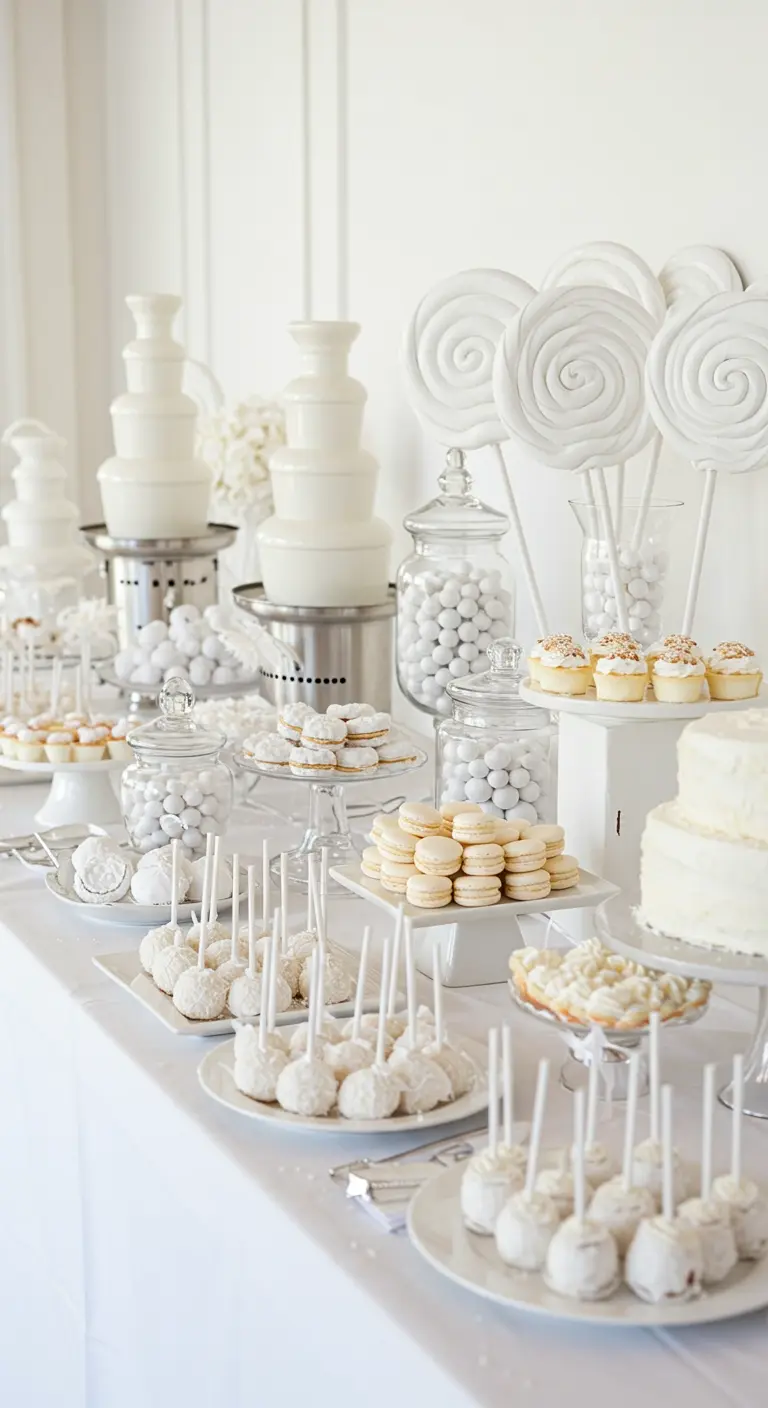 All-white dessert table with white chocolate fountains, macarons, and lollipop props.