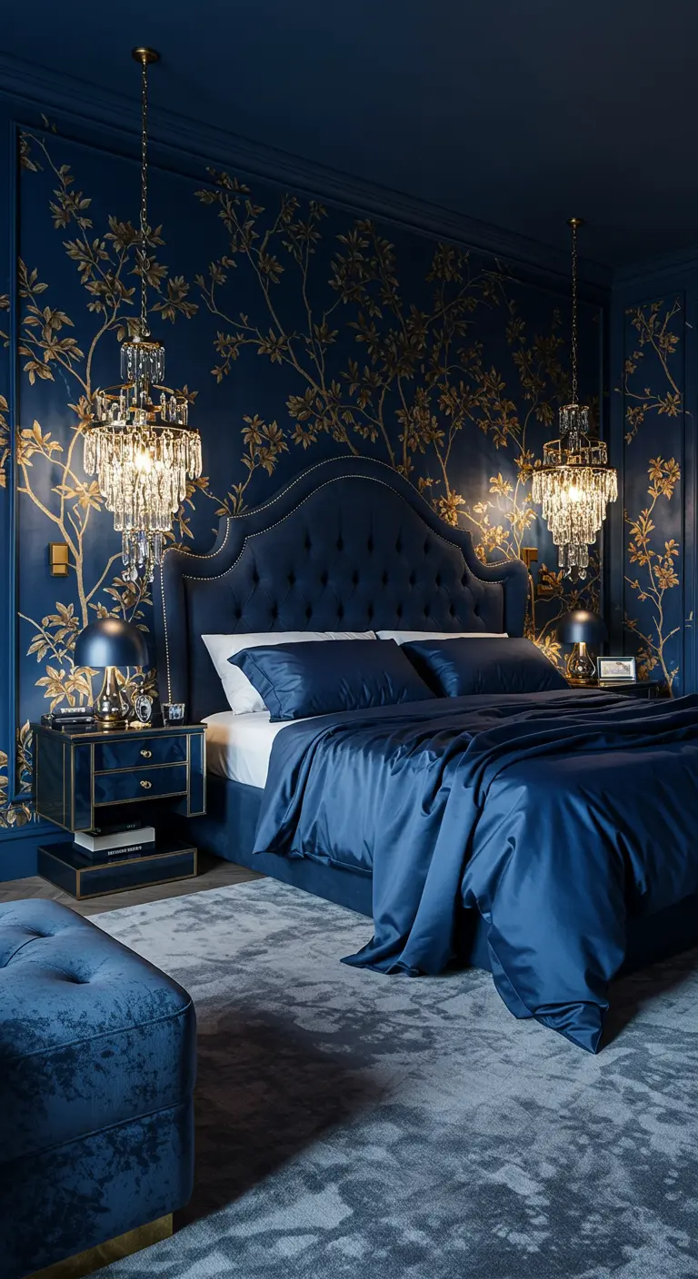 Elegant blue bedroom with gold chinoiserie wallpaper and crystal chandeliers.