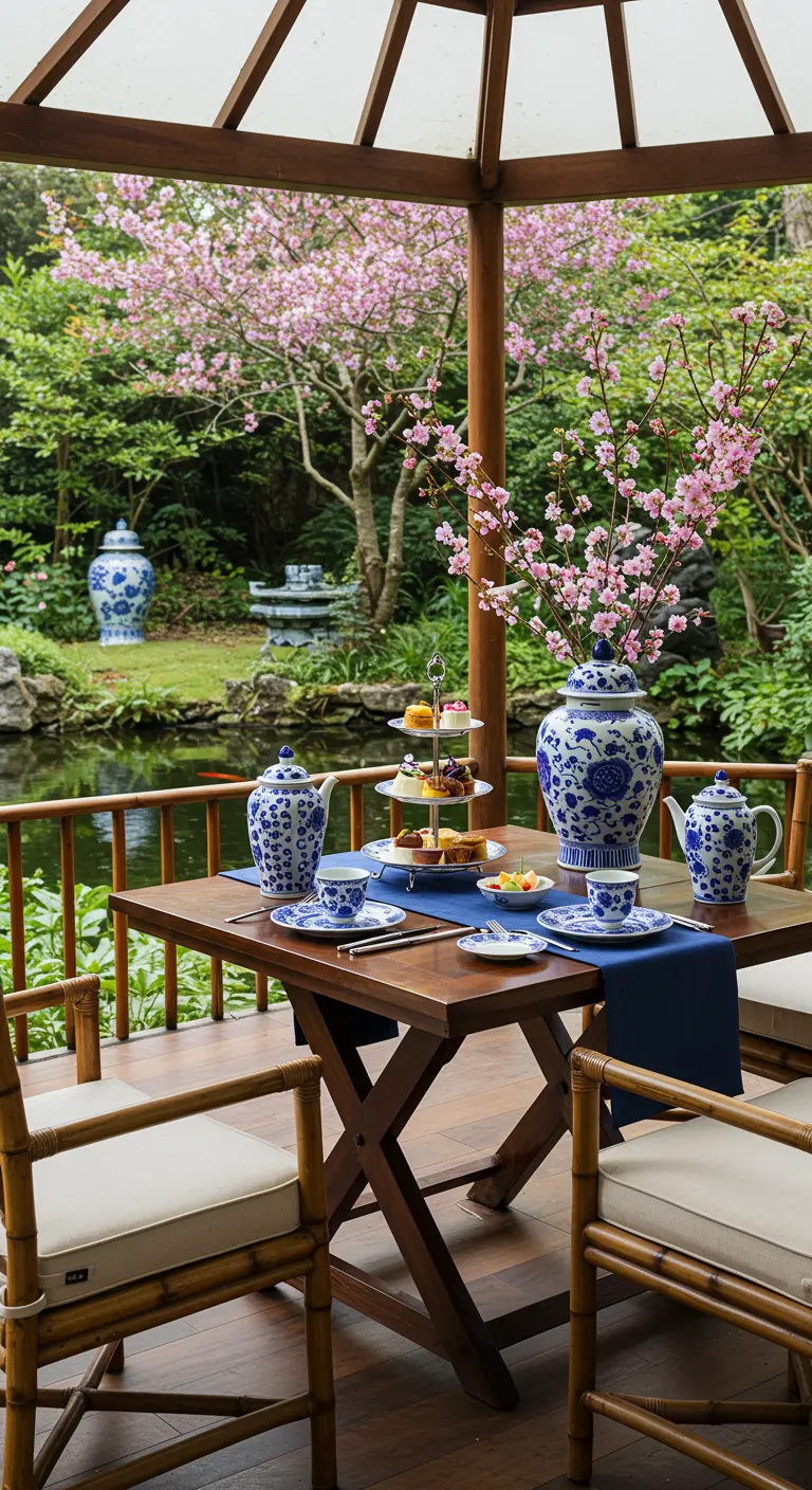 A tea setting for two in a garden gazebo with blue and white chinoiserie tea set.