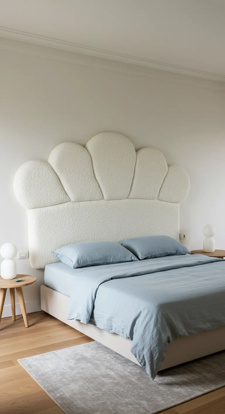 A bed with a white, cloud-shaped bouclé headboard against a plain wall.