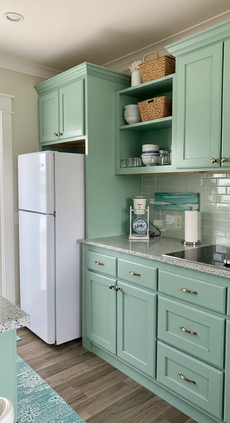 A coastal-style kitchen with mint green shaker cabinets and a pale green glass tile backsplash.