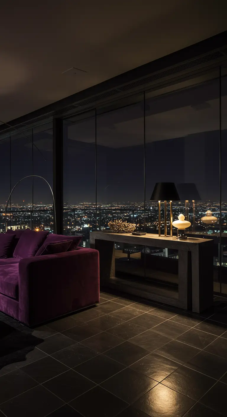 A dark living room at night with a bold purple velvet sofa in front of a city view.