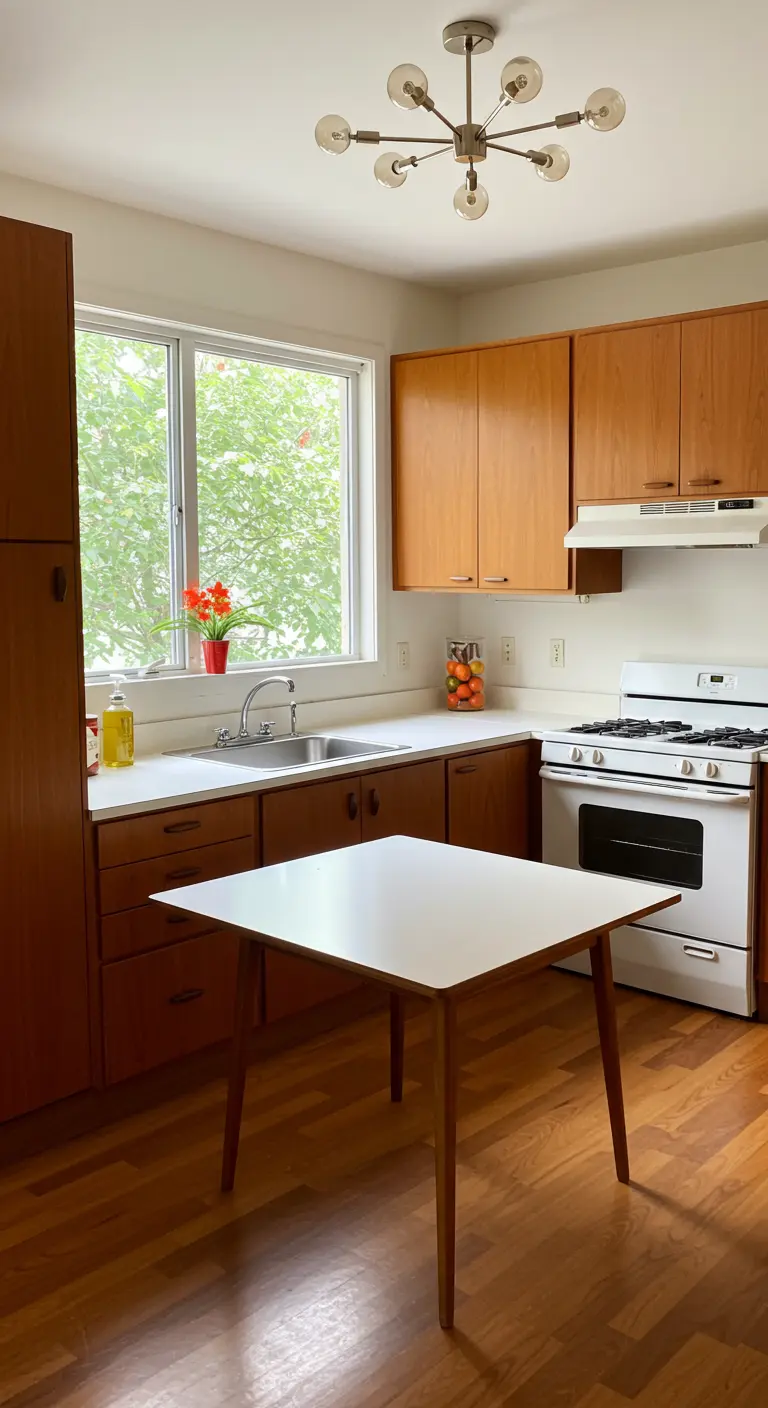 Mid-century modern kitchen with warm wood cabinets and a freestanding white dining table.