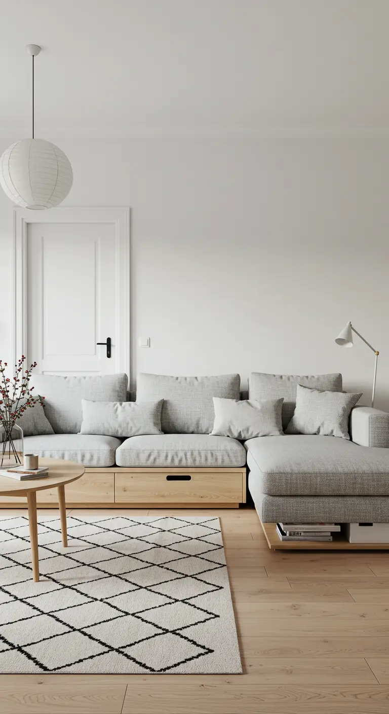 A gray sectional sofa with a light oak base that features built-in storage drawers.