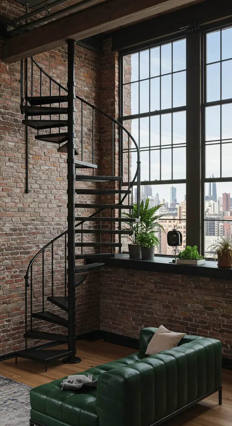 Loft living area with a black metal spiral staircase next to a brick wall.