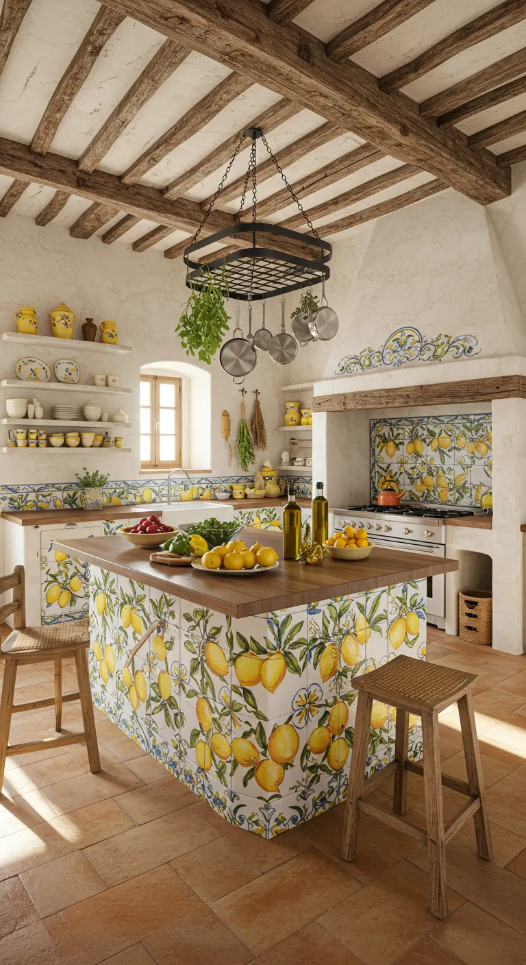 A rustic Italian-style kitchen with bright lemon-patterned tile on the island and backsplash.