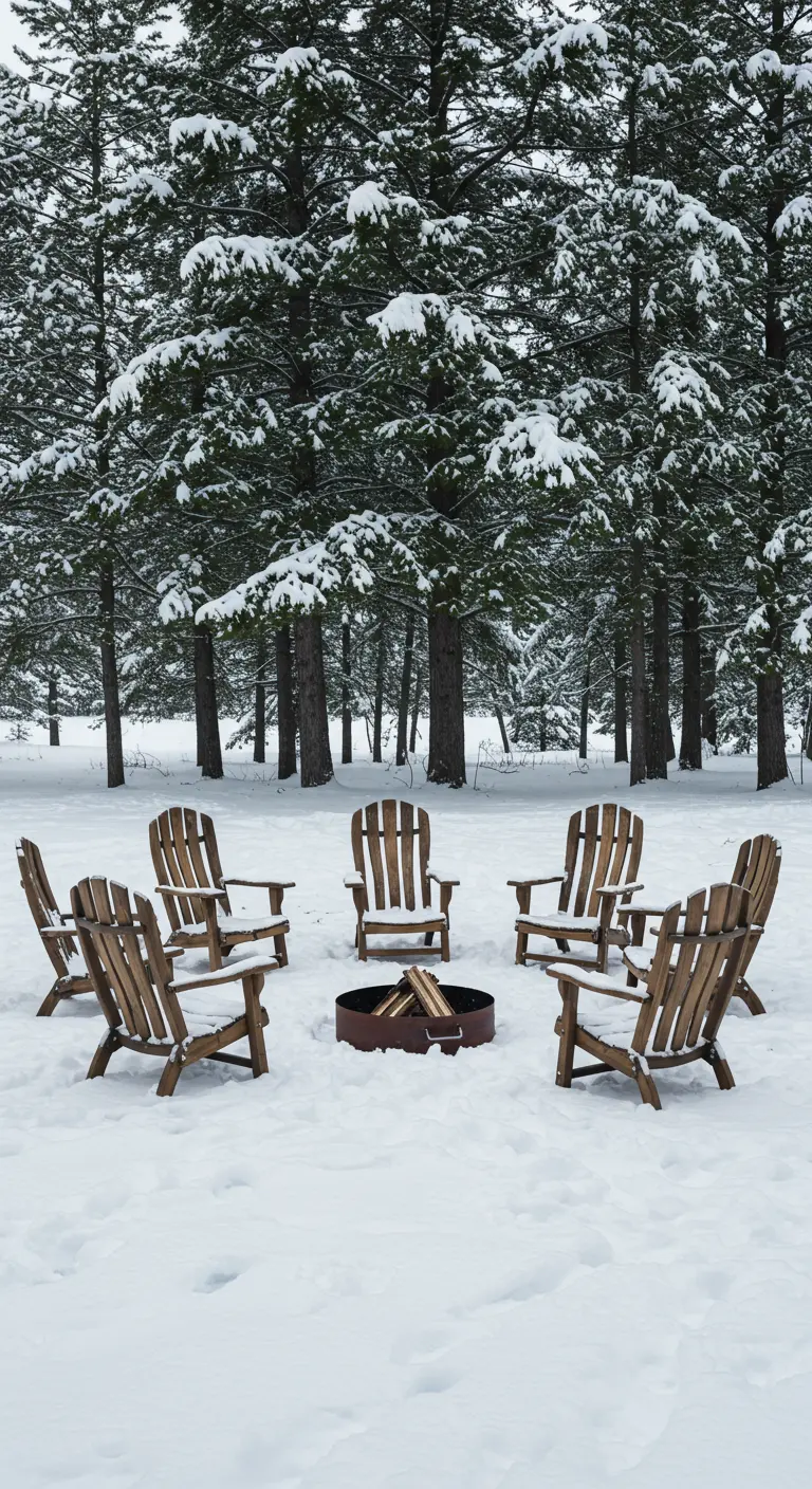 Snow-covered Adirondack chairs arranged around a fire pit in a winter forest.