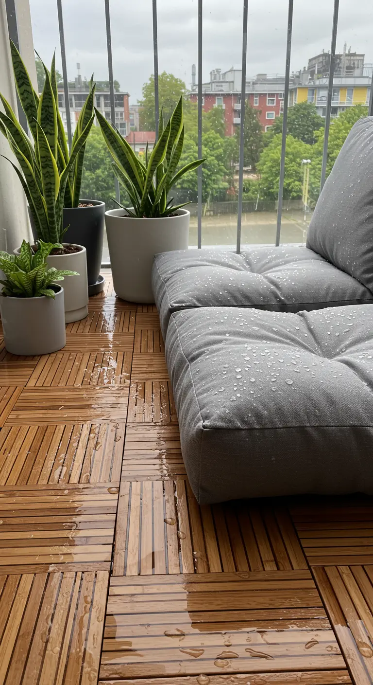 A modern balcony with interlocking wood deck tiles and gray cushions dotted with raindrops.