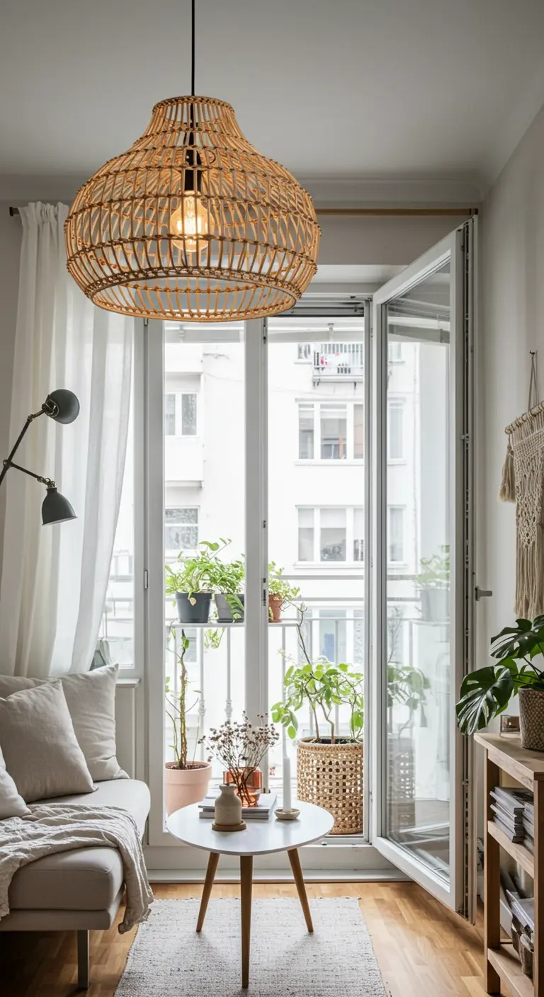 A living room with an oversized woven rattan pendant light hanging above a coffee table.