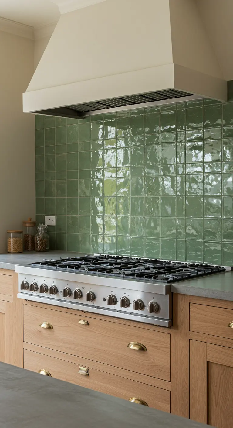 A kitchen with a glossy, rustic sage green zellige tile backsplash above a large stove.