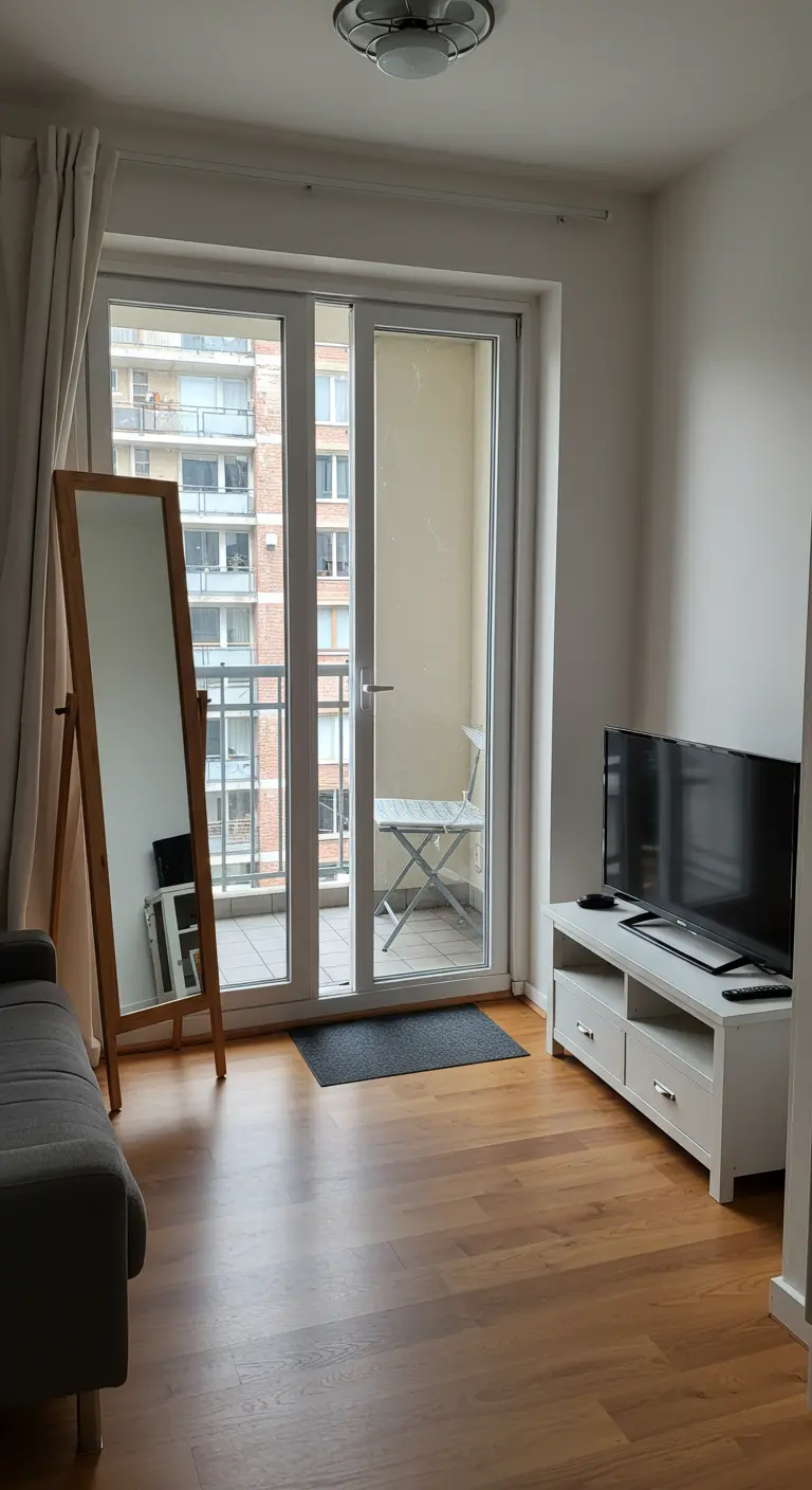 A wooden easel-style floor mirror standing near a glass balcony door in a living room.