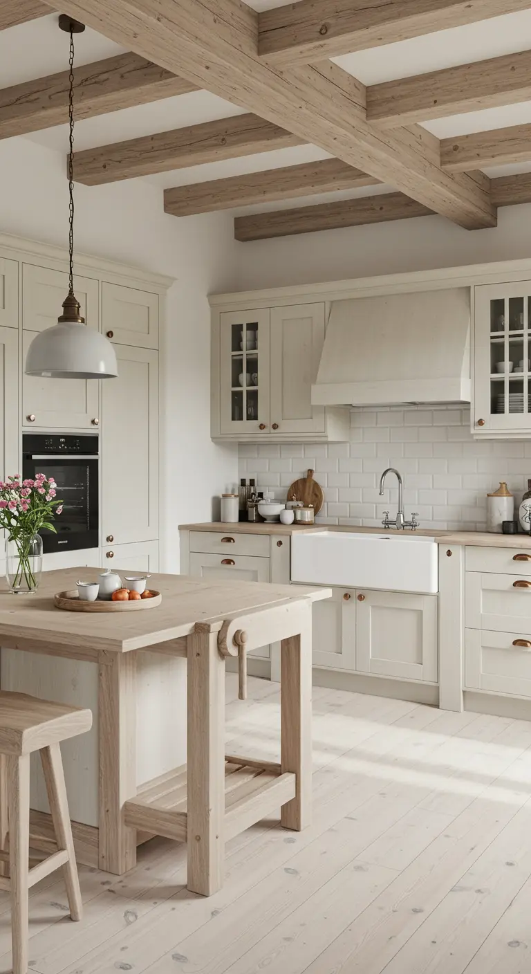 Farmhouse kitchen with cream cabinets, exposed beams, and a workbench-style light wood island.