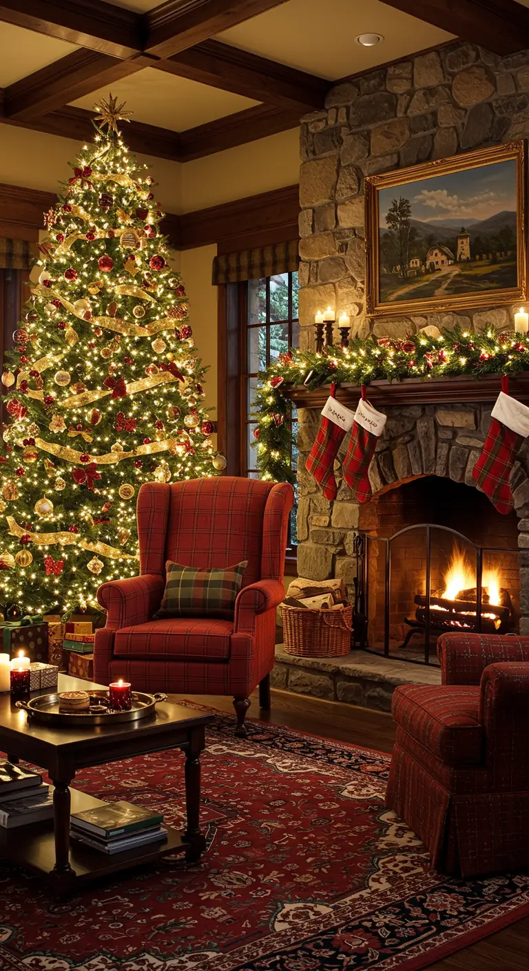 Red plaid wingback chair beside a Christmas tree and stone fireplace with stockings.