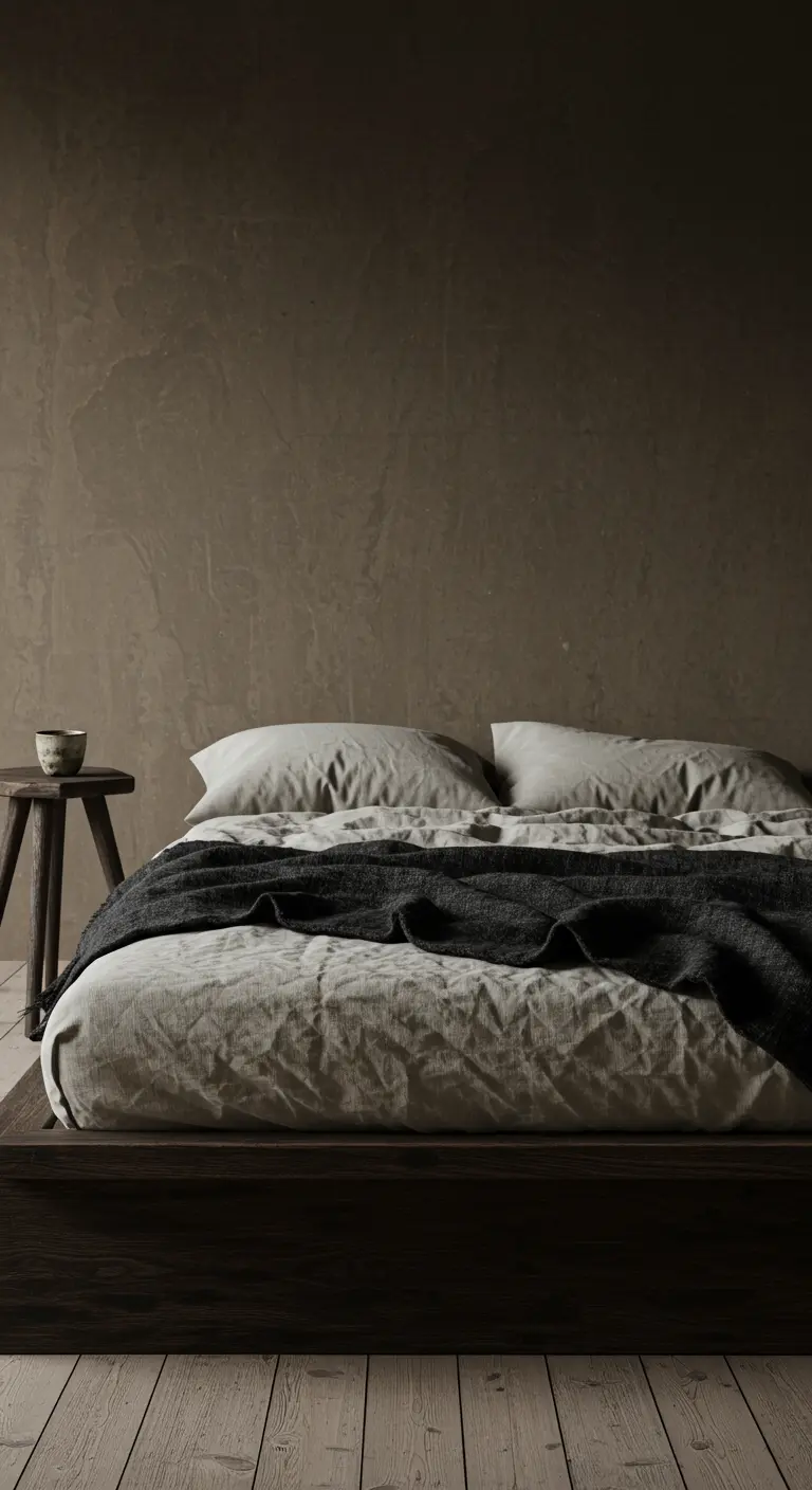 A low-profile bed with rumpled gray linen sheets and a dark charcoal throw.