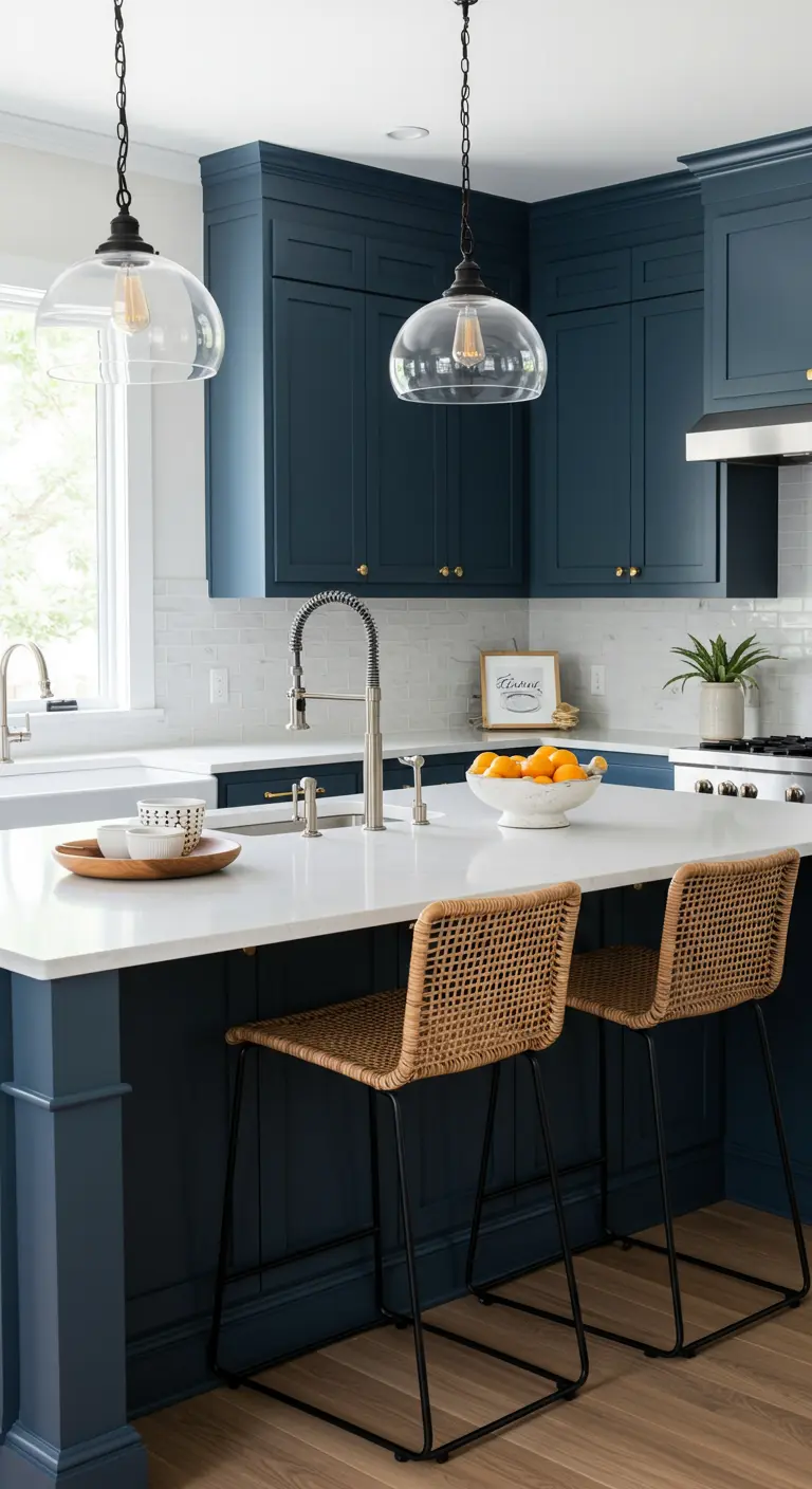 Navy kitchen with clear glass globe pendants over the island and woven bar stools.