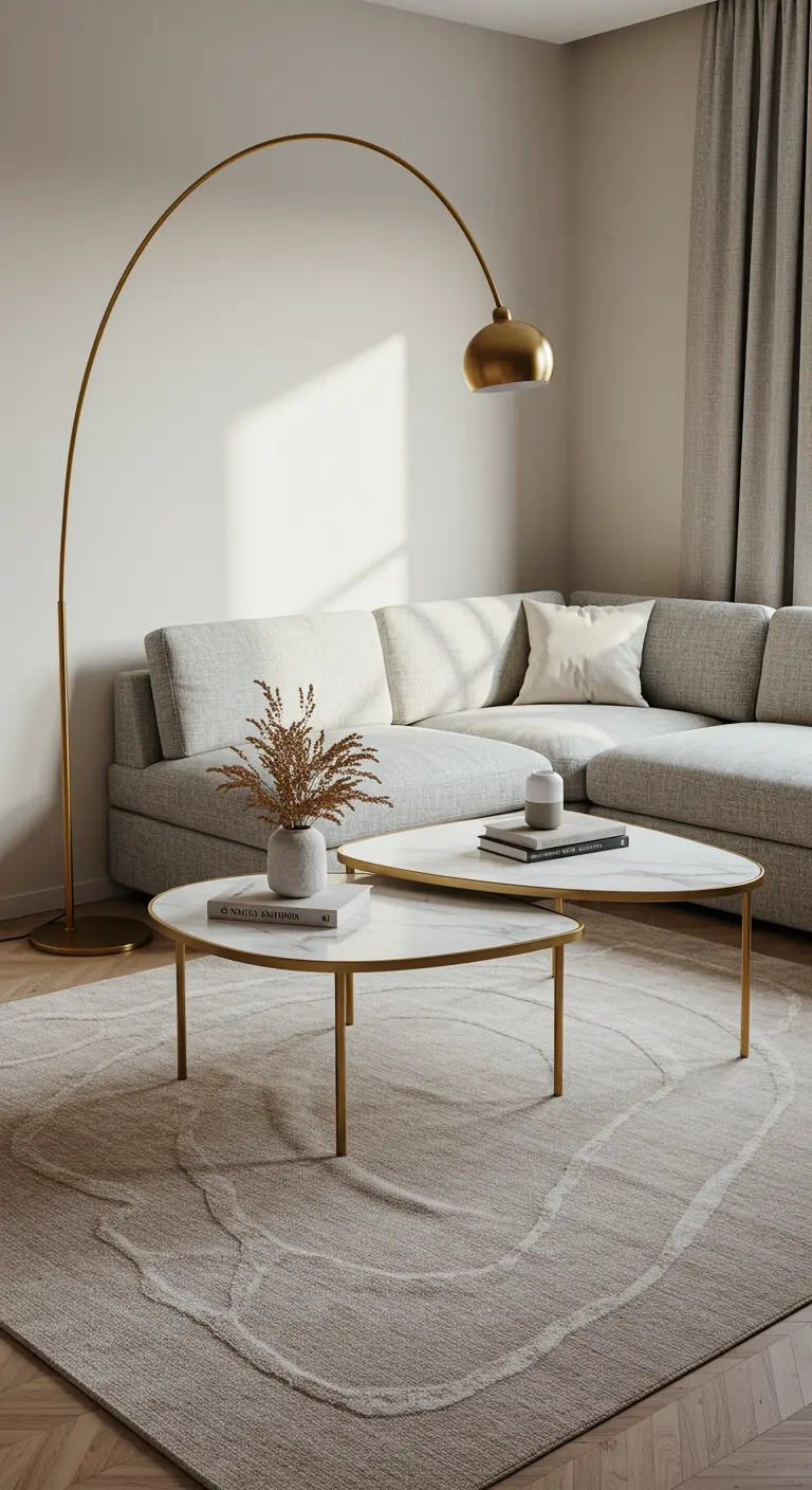 A light gray sectional sofa with nesting marble-topped coffee tables and a brass arc lamp.