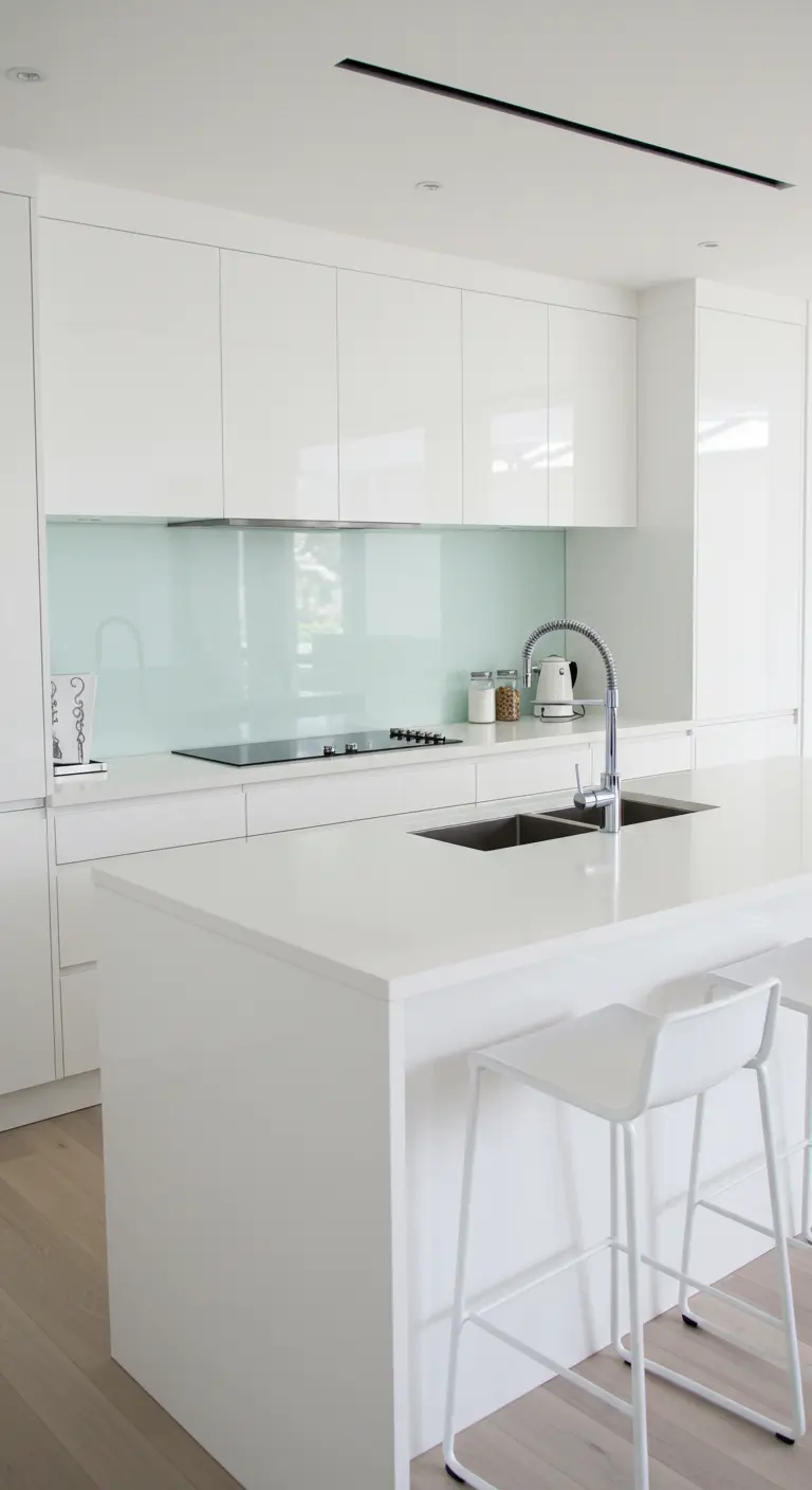 White kitchen island with a double sink and a high-arc professional-style chrome faucet.