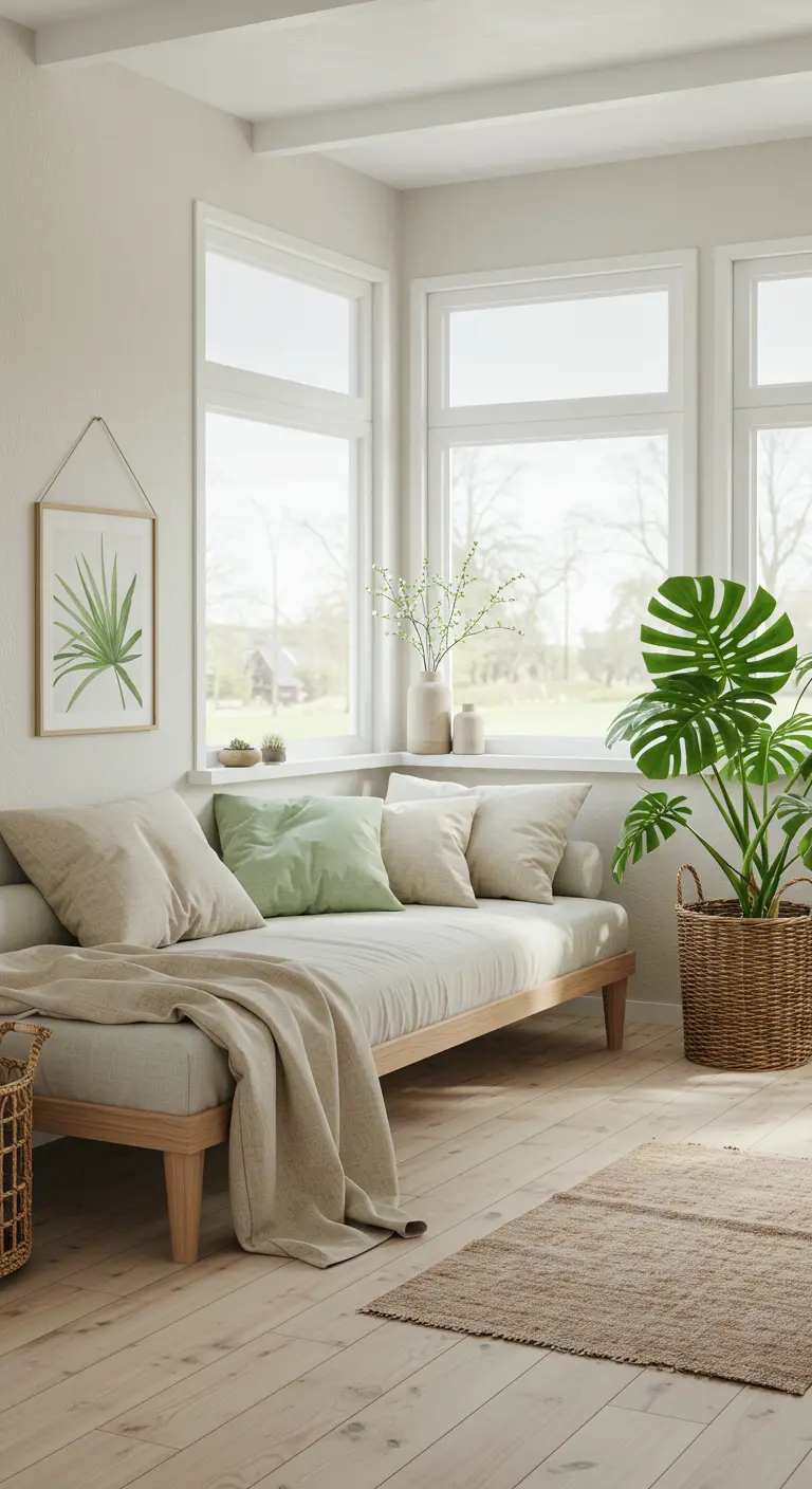 A light wood daybed with beige and green pillows in a sunlit room.